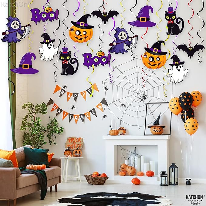 KatchOn, Halloween Hanging Decorations - Large, Pack of 28 | Spooky Halloween Hanging Swirls for Halloween Party Decorations | Halloween Ceiling Hanging Decorations for Halloween Decorations Indoor