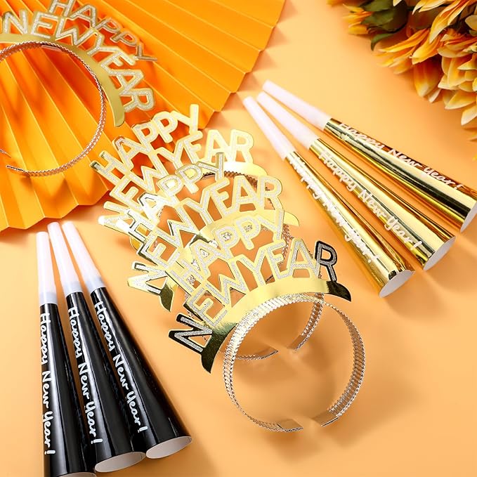 Shappy 24 Pcs 2026 New Year Party Supplies Happy New Year Headband Horn Sounder Noisemakers Eve Party Decorations