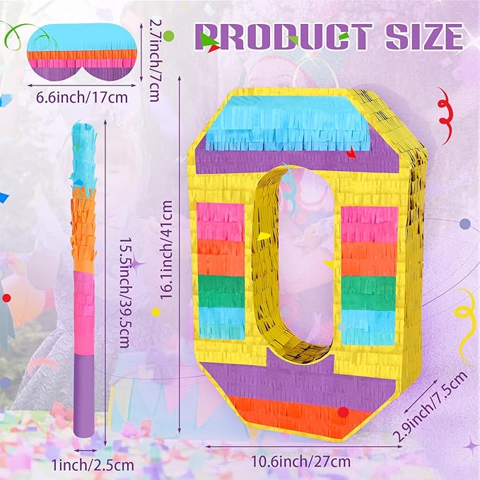 Rainbow Number 0 Pinata Birthday Decorations for Kids, Rainbow Pinata with Bat Stick Blindfold for Boys Girls Birthday Celebrations Baby Shower Party Supplies (16.1x10.6x2.9 Inches)