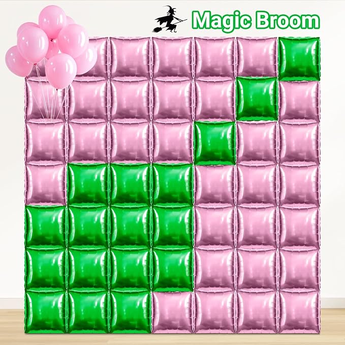50 PCS Pink Green Square Foil Balloon Wall Backdrop 19 Inch Reusable DIY Mylar Balloons Tunnel Garland Arch Kit for Witch and Princess Theme Party Birthday Bachelorette Party Decoration