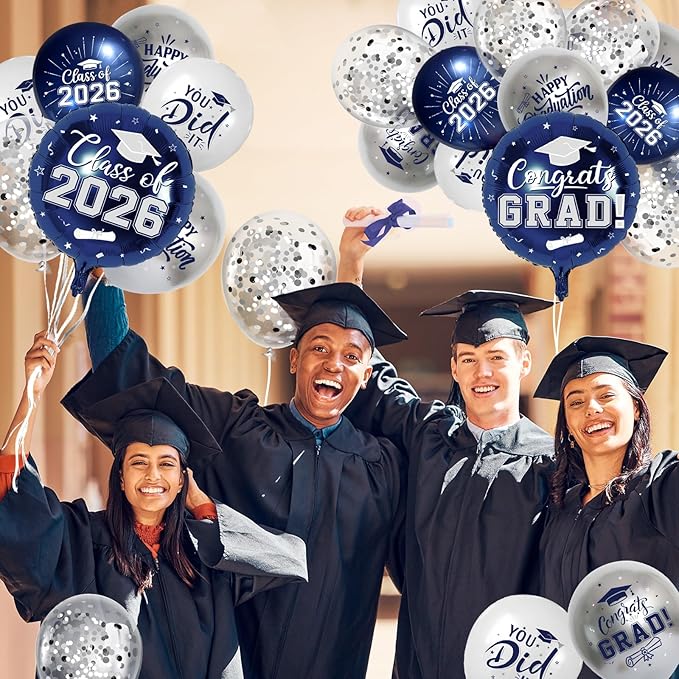 Navy Blue and Silver Graduation Balloons Graduation Decorations 2026, 51Pcs Grad Latex Balloons and Grad Foil Balloon with Confetti Ribbons Grad Party Decorations for College High School