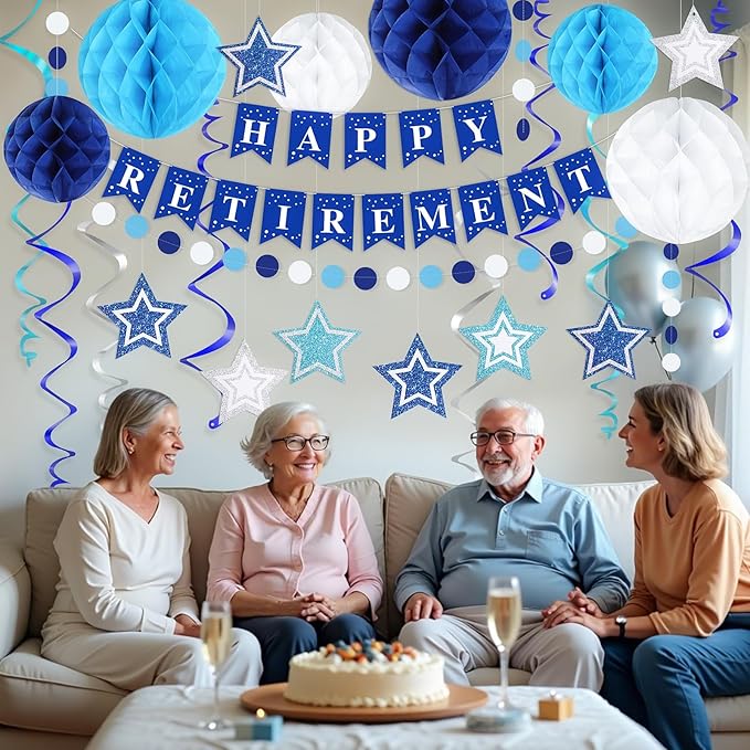 Happy Retirement Party Decorations for Men Women Blue Silver Happy Retirement Banner Honeycomb Balls Pentagram Hanging Swirl Streamers Circle Dots Garland