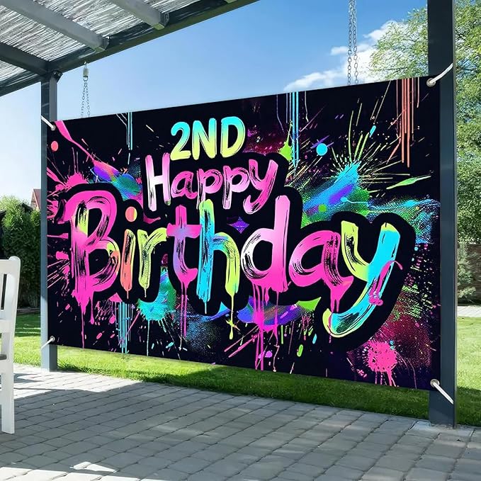 Neon 2nd Happy Birthday Party Banner 71x43 Inch Paint Splatter Backdrop Colorful Wall Decorations for Kids Boys Girls Second Birthday Photo Booth Background Event Decor Supplies