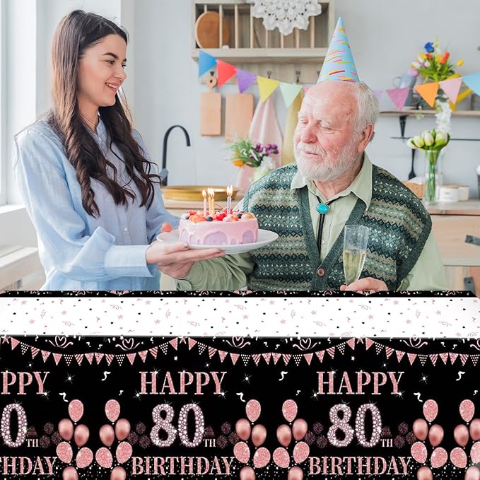 3 PCS 80th Birthday Tablecloth Decorations Black and Rose Gold 80 Years Old Party Disposable Rectangular Table Cloth for Women Birthday Anniversary Celebration Decor