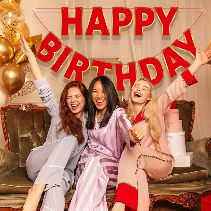 Happy Birthday Banner - 9ft Pre-Strung Happy Birthday Sign for Women, Men, Girls, Boys - No DIY Birthday Decorations & Party Supplies(Red)