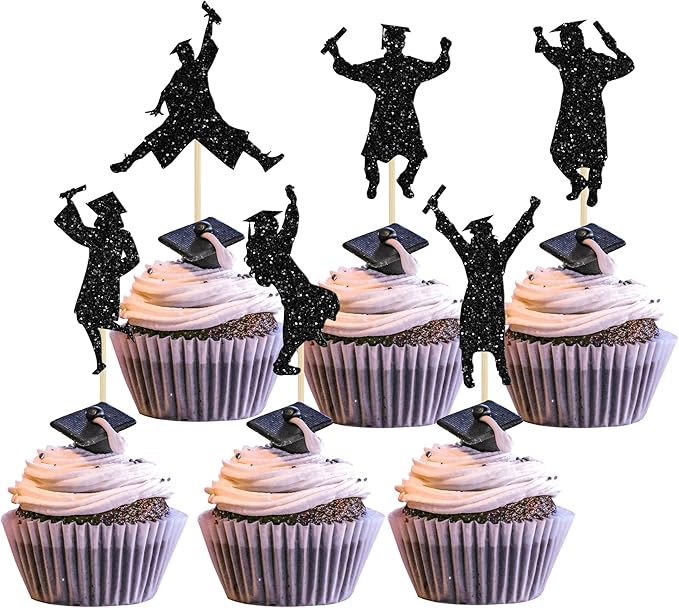 Gyufise 24Pcs 2026 Graduation Cupcake Toppers Black Glitter Class of 2026 Boys Girls Graduation Cap Cupcake Picks for 2026 Grad Theme Party Cake Decorations Supplies