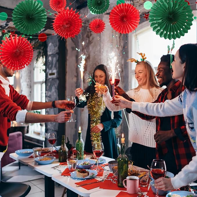 13 Pcs Paper Christmas Decorations Red Green Paper Fans Hanging Star Circle Garland Banner Office Backdrop Ugly Sweater Party Supplies Xmas Wall Decor for Classroom Holiday Birthday New Year