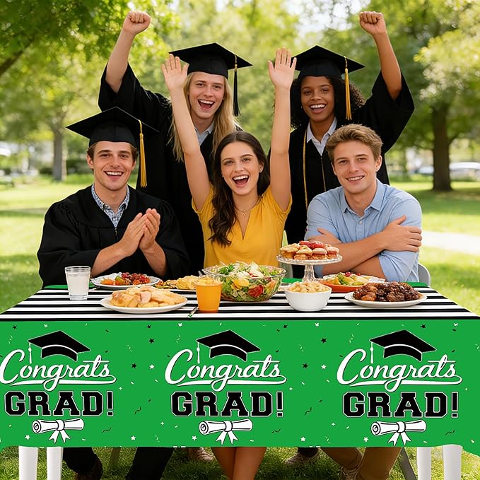7-Pack Graduation Party Decorations Set, 3 Green Graduation Tablecloths 54x108in, 2026 And GRAD Balloons, 2 Foil Fringe Curtains for High School College Graduation Party Photo Booth
