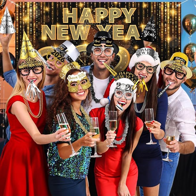 MOVINPE 2026 New Years Eve Party Supplies Bulk Serve 60 - New Year's Banner Backdrop Top Hats, Cone Hats, Tiara, Glasses, Bead Necklace, Leis, Horns, Blowouts, Noiese Makers, Event Party Favors