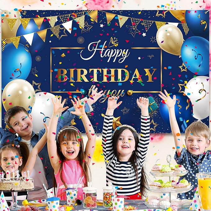 Tatuo Navy Blue Birthday Confetti Balloons Kit Set Photography Backdrop Banner Package for Boys Girls Men Women Birthday Party Decorations Supplies(Navy Blue and Gold)