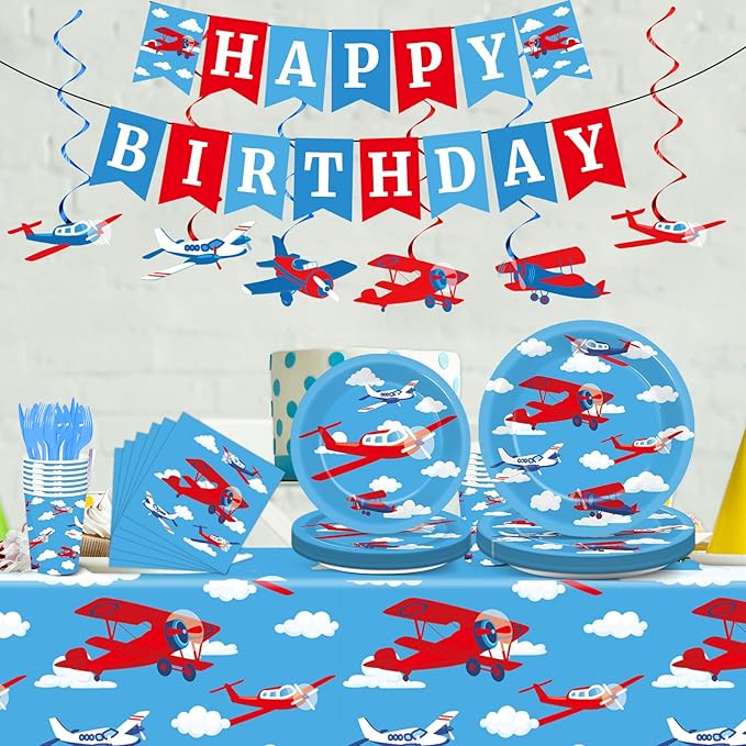 184pcs Airplane Birthday Party Supplies Set Includes Airplane Plates Napkins Tablecloth Swirl Banner Tableware Kit Dispose Airplane Birthday Table Decorations Favors, Serve 25