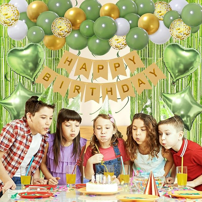 Sage Green Birthday Decorations, Happy Birthday Banner, Olive Green Balloon, Fringe Curtain, Heart Star Foil Balloon, Hanging Swirl for Kids Women Men Girls Boys Party Decorations