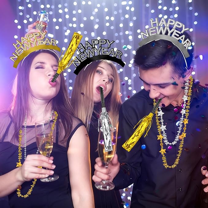 Openfly 36Pcs New Years Eve Party Supplies 2026 Happy New Year Hats Headband Tiara Noise Makers Paper Glasses Party Favors