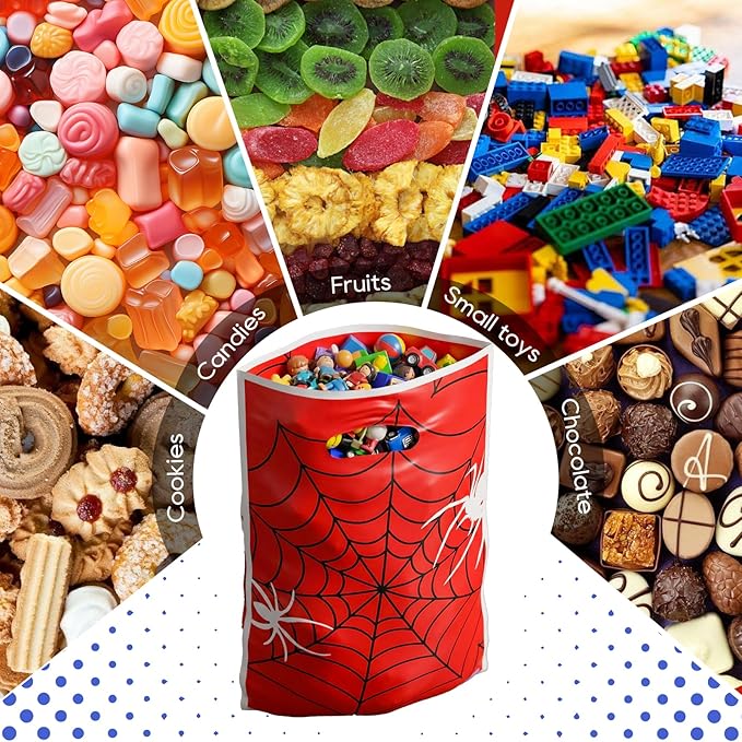 Xyinxy 40Pcs Spider Web Party Favor Bags, Red & Blue Cartoon Plastic Goodie Candy Bags for Party Supplies, Spider Treat Cookie Gift Bags with Handles for Birthday Party Theme