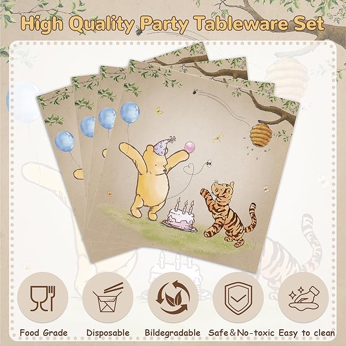 120PCS Vintage Winnie Bear Party Supplies for Kids Brown Birthday Party Set Baby Shower Bear Decorations Plates Napkin Cups Tableware Set for 20 Guests
