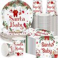 Hushee 200 Pcs Baby Shower Paper Plates Cups Napkins Party Supplies Tableware Set Disposable Cup Napkin for 50 Guest Party Decoration (Green and Red,Christmas Santa Baby)