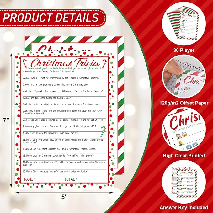 COCHIE 30 Players Christmas Party Games for Adults Family Office Large Groups, Xmas Parties Movies Pictionary Game, Guesstures Game, Christmas Trivia Games with Answer Key (Xmas Quiz)