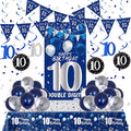 10th Birthday Decorations for Boys Girls, Blue Silver 10th Birthday Decorations Backdrop with Happy 10th Birthday Banner, Number 10 Hanging Swirls, Triangle Flag, 10 Years Old Party Decor Supplies