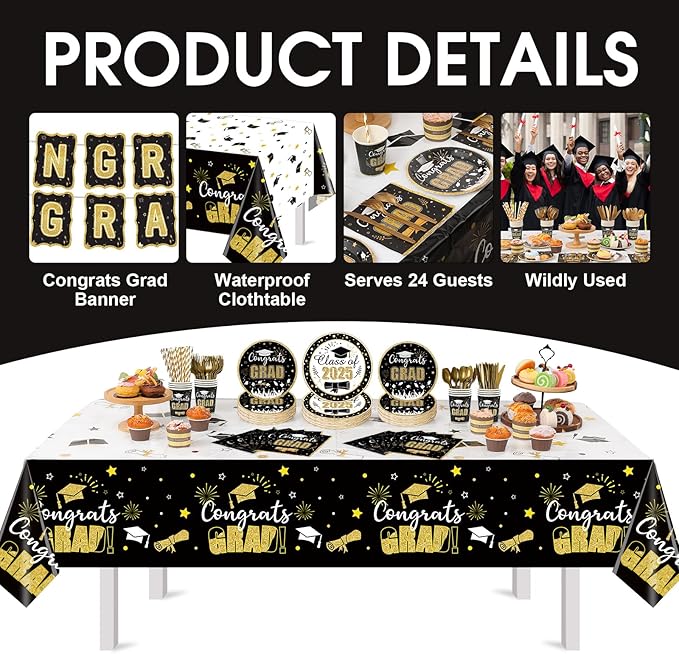 Graduation Party Supplies Congrats Grad Decorations Class of 2025, Disposable Plates and Napkins with Banner Tablecloth Cups Dinnerware Sets for Graduation Decor, Serves 24 (Black and Gold)