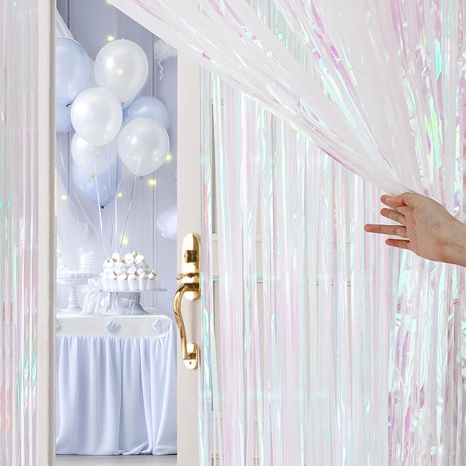 4 Pack White Party Streamers Backdrop Curtains, 3.3x8.2ft Holographic Tinsel Foil Curtain Photo Booth Props for Birthday, Wedding, Holiday Celebration, Bachelorette, Theme Decorations