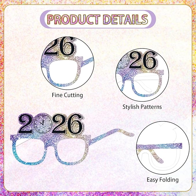 12PCS New Year Glasses, Funny New Years Eve Party Paper Glasses Photo Booth Props 2026 Eyeglasses Frames for NYE Party Supplies Decorations 2026