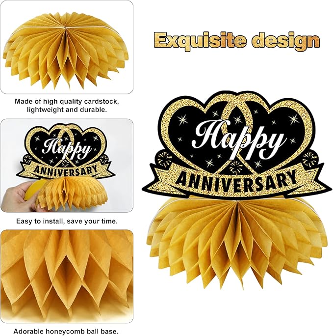 8Pcs Happy Wedding Anniversary Decorations Table Honeycomb Centerpieces, Anniversary Theme Party Supplies for Adult, Black Gold 10th 20th 30th 40th 50th 60th Anniversary Table Sign Decor