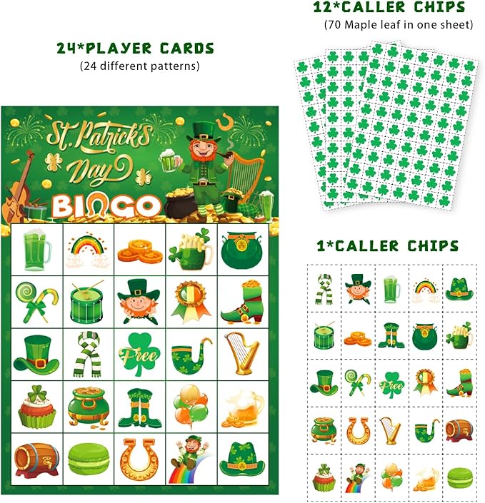 JGCWorker St. Patrick's Day Bingo Game - Fun Party Supplies for Kids Adults, 24 Players, Festive Irish Themed Craft Cards for School Classroom, Family Activities, and St. Patty's Party Favors