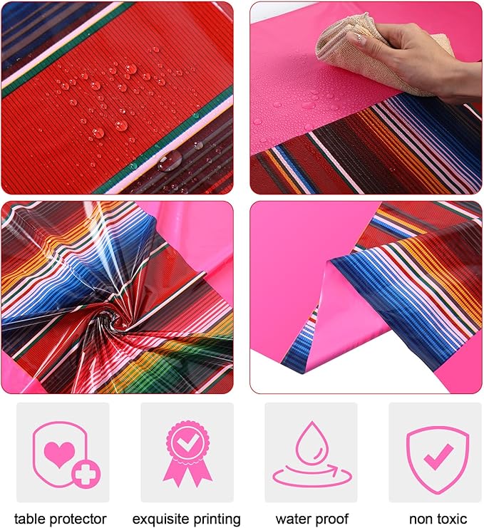 Oudain 3 Pcs Fiesta Tablecloth 108 x 54 Inch Plastic Tablecover Waterproof Mexican Tablecloth Mexican Striped Table Cover for Taco Night Festive Fiesta Wedding (Green,Orange,Pink)