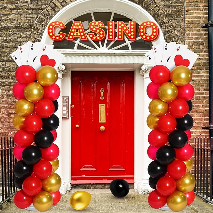 2 Sets Casino Theme Party Decoration Adjustable Poker Themed Balloon Column Stand Kit 8 Pcs Jumbo Poker Cards 129 Pcs Balloon Set for Las Vegas Game Night Birthday Party Supplies(Red Black and Gold)