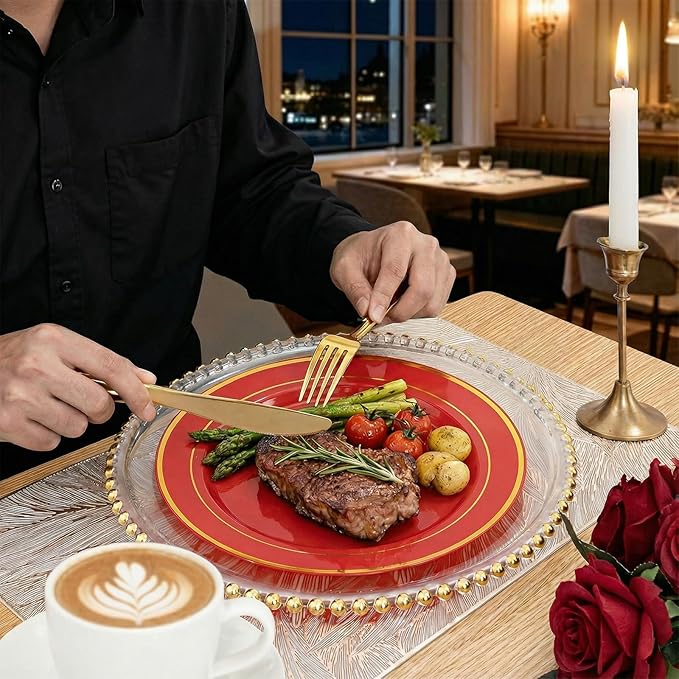 350Pieces Red Plastic Plates with Gold Rim Include 50Dinner Plate 10inch 50Dessert Plate 7inch 50 gold Cups 9 OZ, 50 Pre Rolled Napkins for Party Baby Shower Wedding Spring