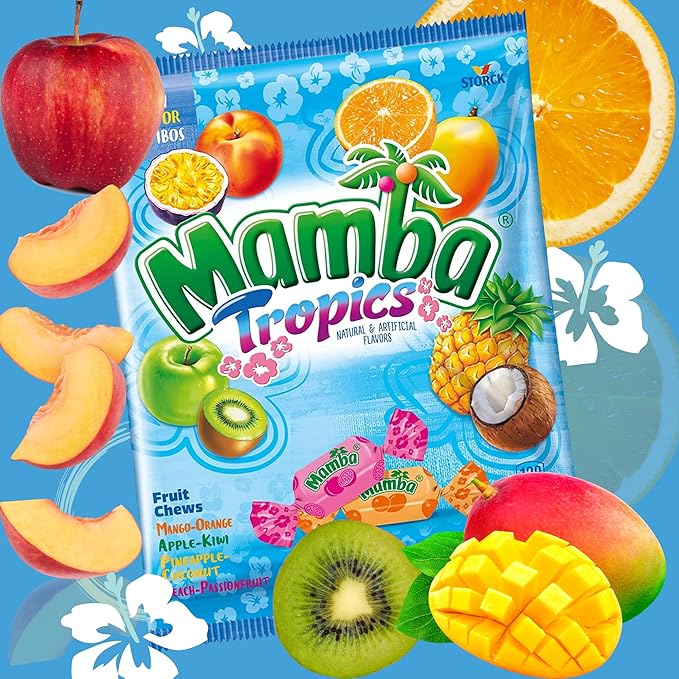 Sweetzo - Mamba Strips and Tropic Chews, Individually Wrapped Fruit Flavored Chewy Candy, Summer 2024 Candies for Goodie Bags and Party Favors, Pack of 2, 7 Ounces