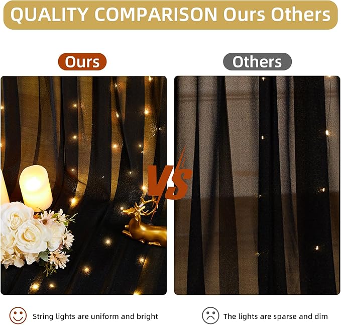 10x10FT Black Wrinkle Free Backdrop Curtains with Lights String for Parties - Photo Curtain Backdrop with Lights for Wedding Decorations, Bridal Baby Shower Birthday Party Photography Background