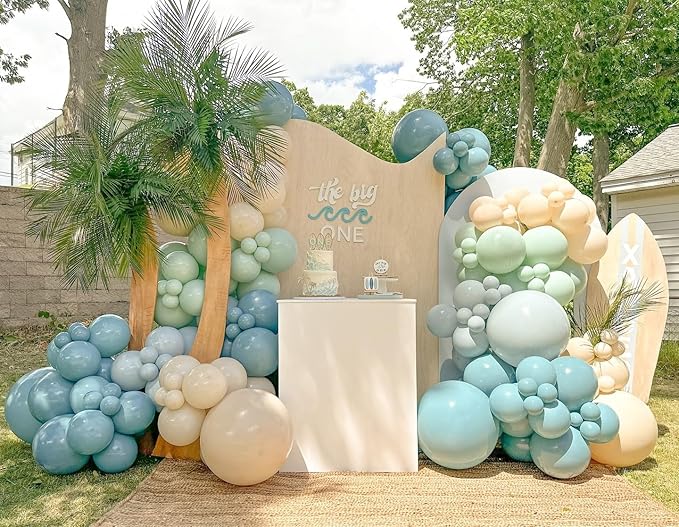 The Big One Balloon Garland Arch Kit, 141pcs Haze Fog Blue Mist Green and Sand White Balloons for Beach Party Decorations Surf Theme First Birthday On Board Boho Baby Shower Supplies