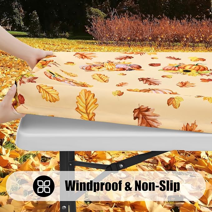 Smiry 2 Pack Rectangle Thanksgiving Table Cloth, Waterproof Elastic Fitted Tablecloths, Washable Polyester Rectangular Patio Table Cover for Autumn Harvest Parties (Pumpkin Sunflower, 30"x96")