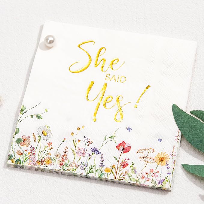 Crisky 3-Ply Engagement Napkins Floral Gold Foil She Said Yes Paper Disposable Napkins for Bachelorette/Engagement/Bridal Shower Party Decoration, 50 Counts