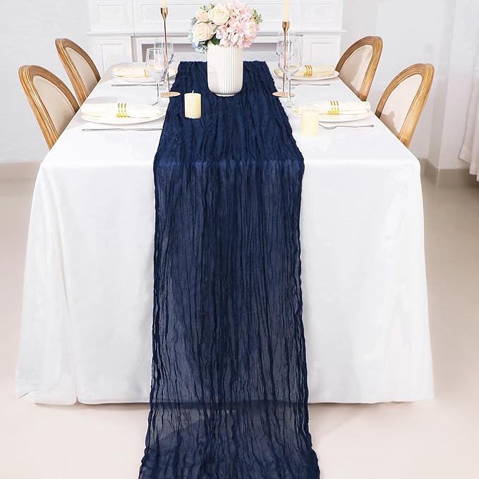Snowkingdom 6PCS 10Ft Navy Blue Cheesecloth Table Runner, 120inch Long Cheese Cloth Boho Gauze Runner for Wedding Bridal Baby Shower Birthday Holiday Party Sheer Table Decorations