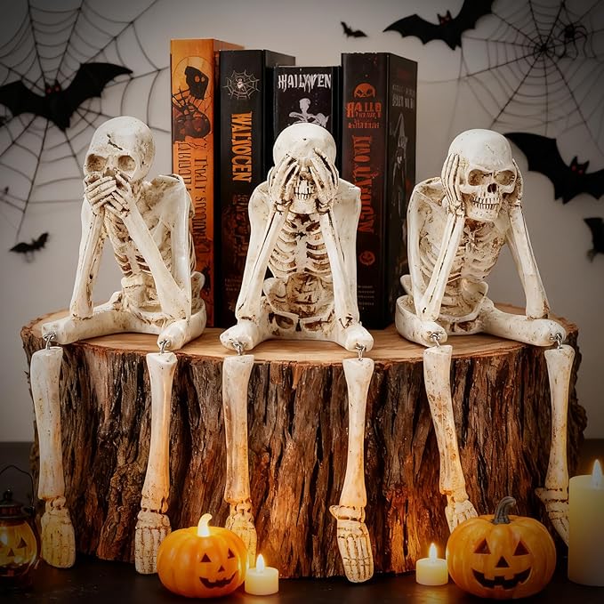 Skeletons for Halloween, 3 PCS See Hear Speak No Evil Statues, Realistic Skeleton Figurines, Halloween Mantel Decor, Skeleton Decorations Indoor Outdoor