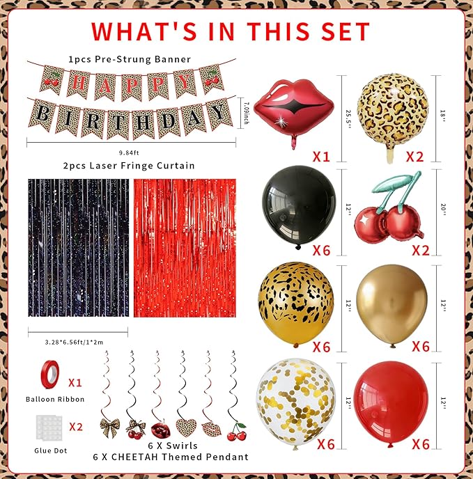 Red Cheetah Print Birthday Decorations Pre-Strung Leopard Happy Birthday Banner, Cherry Red Lips Foil Balloons, Laser Fringe Curtains, Hanging Swirls Y2K Cheetah Cherry Party Supplies for Women Girls
