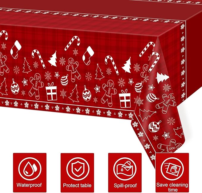 Childom 2 Pack Christmas Tablecloths Disposable,Christmas Decorations,54 x 108 Inch,Plastic Table Cloths for Rectangle Tables,Red Themed Checkered Table Covers for Xmas,Indoor,Outdoor,Birthday,Parties