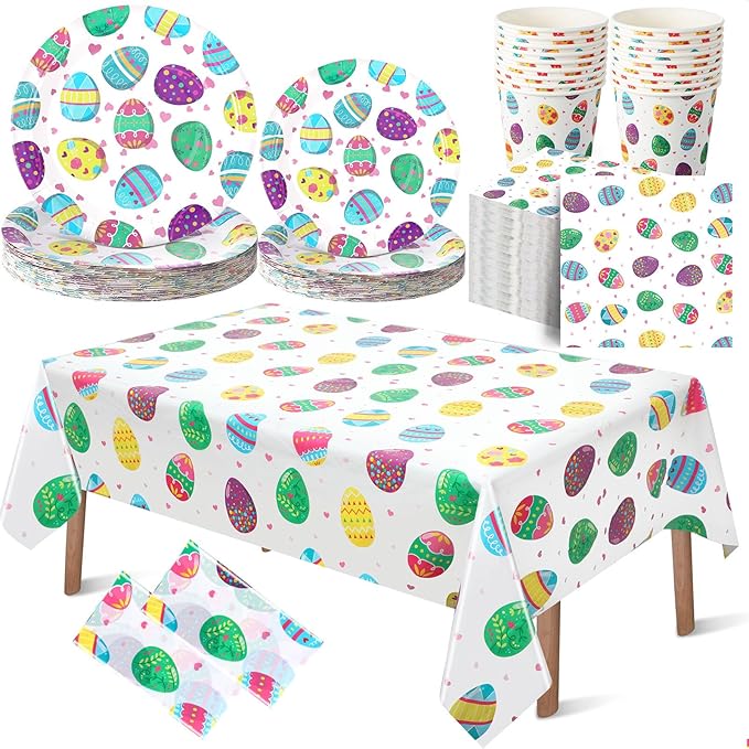 Layhit 202 Pcs Easter Party Supplies Set for 50 Guests, 9" Bunny Egg Dinner Plates 7" Dessert Plate and Napkin 9 oz Paper Cup 2 Pcs Plastic Tablecloth Disposable Tableware for Spring Party Favor