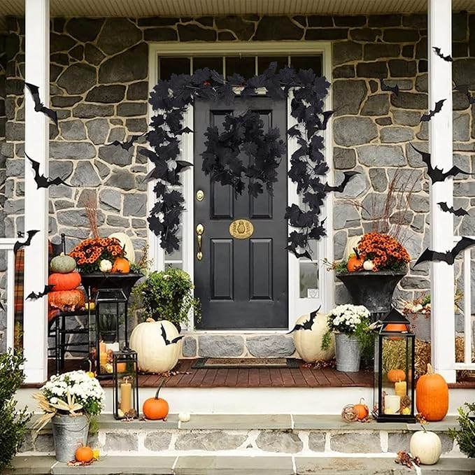 Halloween Black Christmas Garland Decor Indoor Table Decorations Fall Wall Hanging Artificial Black Maple Leaf Vine Decorations for Home (2 Pcs Halloween Garland, Set)