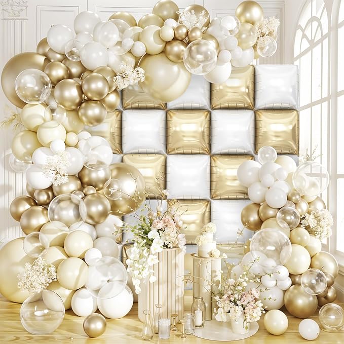 Gold White Square Foil Balloons Wall, 25PCS Double Sided Chrome Light Gold White Balloons Tunnel Arch Kit Backdrop for New Years 2026 Birthday Wedding Engagements Graduation Party Decorations