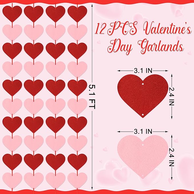 12 PCS Hanging Valentines Decor, Pre-Assemble Valentines Garland, Red Pink Galentines Decorations Heart Banner for Holiday Anniversary Wedding Birthday Party Backdrop Decor
