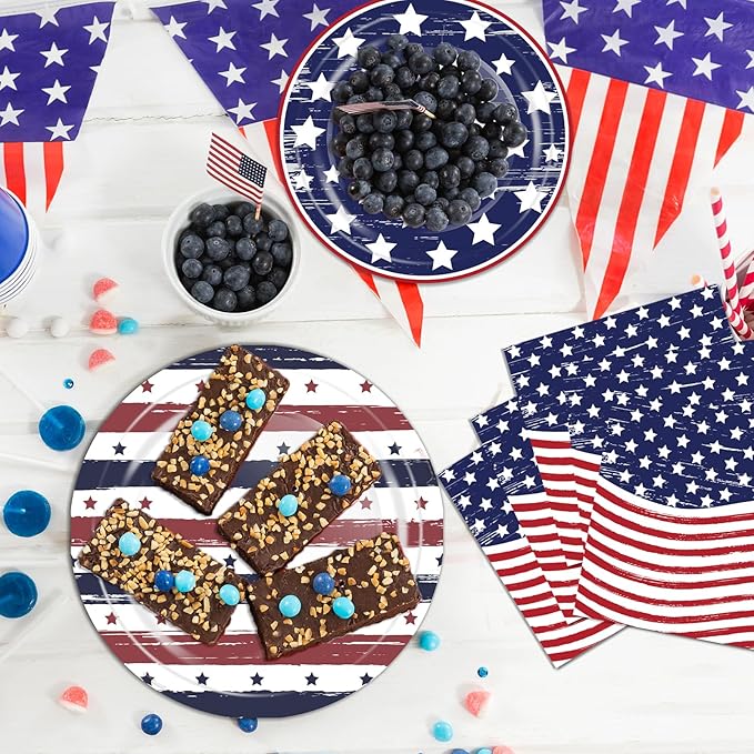OuMuaMua 150 Pcs American Flag Patriotic Party Plates and Napkins, Blue Red Disposable Tableware Paper Set for Veterans Day Election Day 4th of July Independence Day Decorations, Serves 50