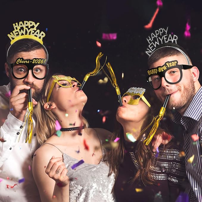 108 Pcs New Years Eve Party Supplies 2026 Fancy New Year Glasses Gold Noise Maker Headband NewYear Celebration Black Silver and Gold Party Favor for Happy NewYear Gift Accessories Decoration