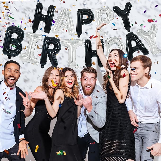 TONIFUL Happy Birthday Balloons Banner with Ribbon Straw, 16 Inch Mylar Letters Birthday Sign Banner Balloon Bunting Reusable for Girls Boys Kids & Adults Birthday Halloween Supplies（Black Silver）