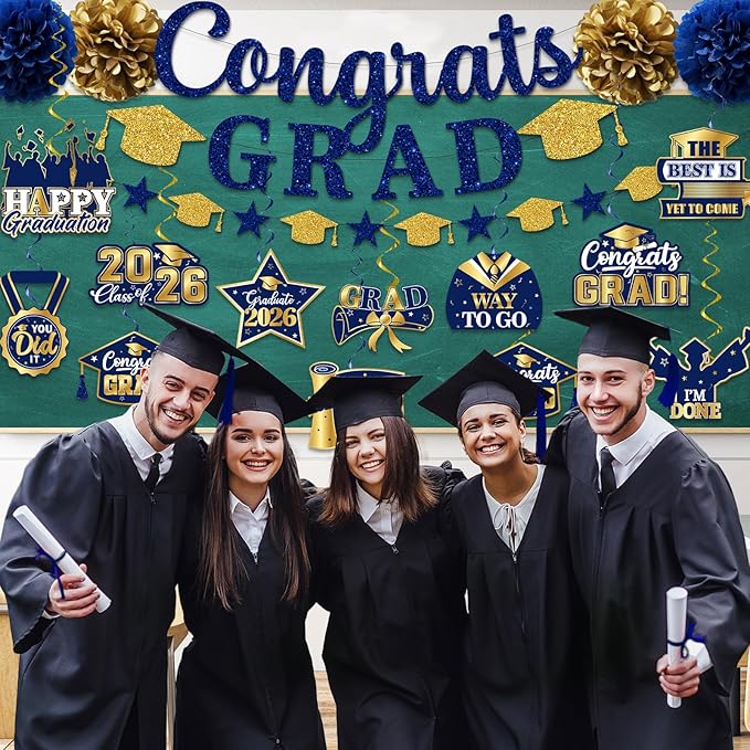 Navy Blue Graduation Decorations, Glitter Congrats Grad Banner Hanging Swirls and Tissue Pom Poms, Navy Blue and Gold Graduation Decorations for Class of 2026 College Graduations Party Decorations