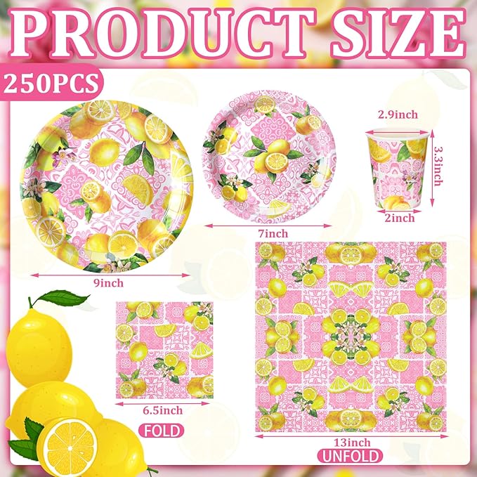 Hsei 250 Pcs Pink Lemon Birthday Party Decorations Lemon Plates and Napkins Pink Baby Shower Birthday Supplies Set Disposable Plates Napkins Cups for Bridal Baby Shower Party Supplies