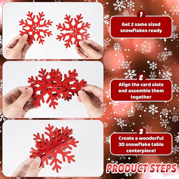 OuMuaMua Winter Christmas Centerpiece Table Decorations - 12pcs Wooden Snowflakes Decor 3D Red White Snowflake Tabletop Decor Snowflake Centerpiece for Xmas Holiday Tiered Tray Winter Farmhouse Decor