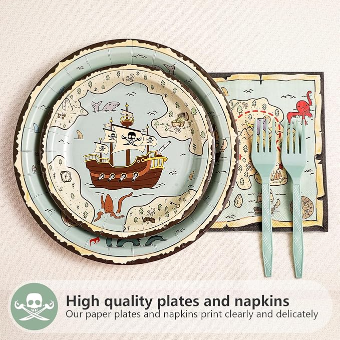 Grencian 96Pcs Pirate Party Supplies Vintage Treasure Map Ship Plates and Napkins Tableware Sets Light Green Pirate Children Theme Decoration for Baby Shower Birthday Theme Party Favors Serve 24